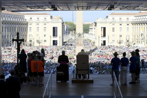 Pope Francis addresses tens of thousands of altar servers packed in St. Peter’s Square for a special audience on July 30, 2024. Credit: Vatican Media