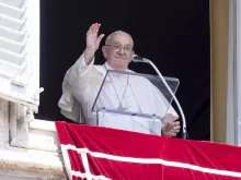 Pope Francis waves to pilgrims gathered in St. Peter’s Square at the Vatican for his Angelus address on the solemnity of the Assumption on Aug. 15, 2024.