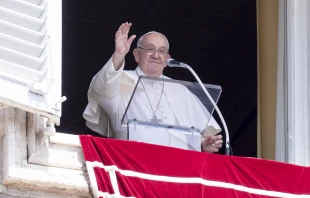 Pope Francis waves to pilgrims gathered in St. Peter’s Square at the Vatican for his Angelus address on the solemnity of the Assumption on Aug. 15, 2024. Credit: Vatican Media