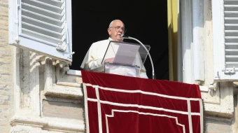 Pope Francis delivers his Sunday Angelus message from a window of the Apostolic Palace overlooking St. Peter’s Square on Oct. 27, 2024.