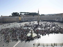 Pilgrims gather throughout a sunny St. Peter’s Square for Pope Francis’ Angelus address on the solemnity of All Saints, Nov. 1, 2024, at the Vatican.