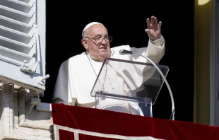 Pope Francis waves to pilgrims gathered in St. Peter’s Square for his Sunday Angelus address on the first Sunday of Advent, Dec. 1, 2024. Credit: Vatican Media