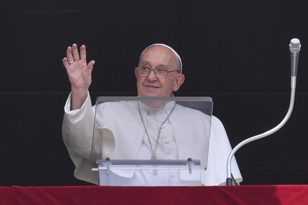 Pope Francis waves to pilgrims gathered in St. Peter’s Square at the Vatican for his special Angelus message on the solemnity of Sts. Peter and Paul, June 29, 2024. Credit: Vatican Media