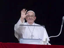 Pope Francis waves to pilgrims gathered in St. Peter’s Square for his Angelus address on Sunday, June 16, 2024.