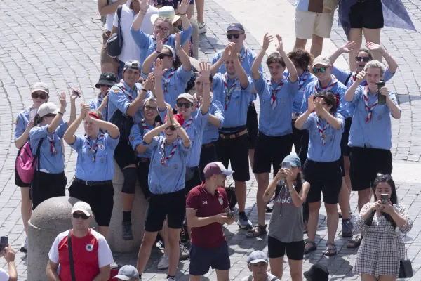 Pilgrims cheer in St. Peter's Square in the Vatican as Pope Francis delivers the Angelus address for the Solemnity of the Assumption of Mary on August 15, 2024. Photo credit: Vatican Media