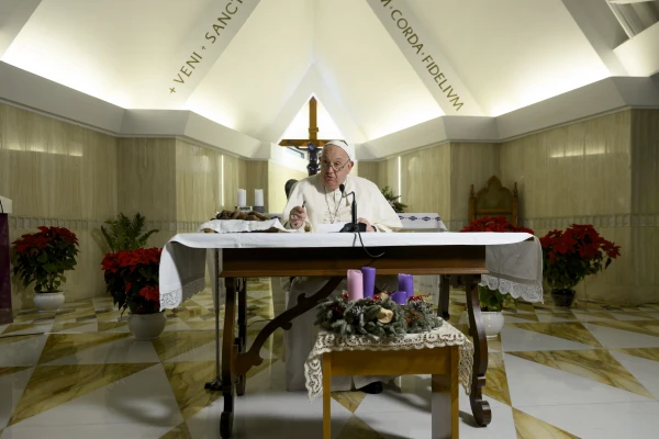 Pope Francis leads the Angelus prayer and gives an address from the chapel of Casa Santa Marta on Sunday, Dec. 22, 2024, at the Vatican. The pope delivered his marks indoors due to the intense cold, combined with cold symptoms that have manifested in recent days, the Holy See Press Office said. Credit: Vatican Media