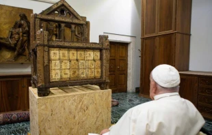 Pope Francis views a historic relic of the chair of St. Peter on Oct. 2, 2024. Credit: Holy See Press Office