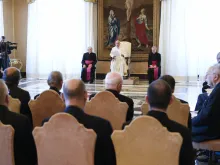 Pope Francis addresses members of the Dicastery for Evangelization, who are meeting in an extraordinary plenary assembly Aug. 29–30, 2024, to discuss the future of the Pontifical Urban University, which educates priests and religious from the Catholic Church’s mission territories.