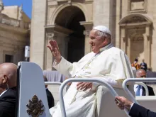 Pope Francis greets pilgrims at his general audience on Wednesday, June 5, 2024, in St. Peter’s Square at the Vatican.