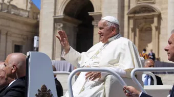 Pope Francis greets pilgrims at his general audience on Wednesday, June 5, 2024, in St. Peter’s Square at the Vatican.