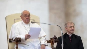 Pope Francis addresses pilgrims gathered in St. Peter’ Square for his general audience on Wednesday, Oct. 23, 2024, at the Vatican.