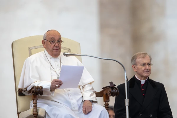 Pope Francis addresses pilgrims gathered in St. Peter’ Square for his general audience on Wednesday, Oct. 23, 2024, at the Vatican. Credit: Daniel Ibañez/CNA