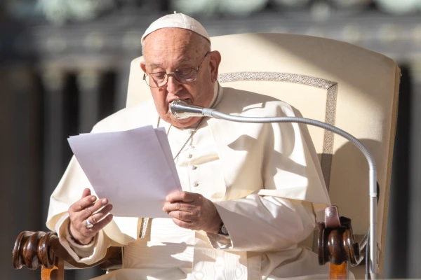 Pope Francis addresses pilgrims gathered for his Wednesday general audience on Oct. 30, 2024, in St. Peter’s Square at the Vatican. Credit: Daniel Ibañez/CNA