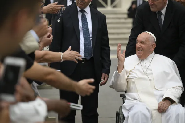 Pope Francis greets pilgrims gathered in St. Peter’s Square during his general audience on Wednesday, June 19, 2024. Credit: Vatican Media