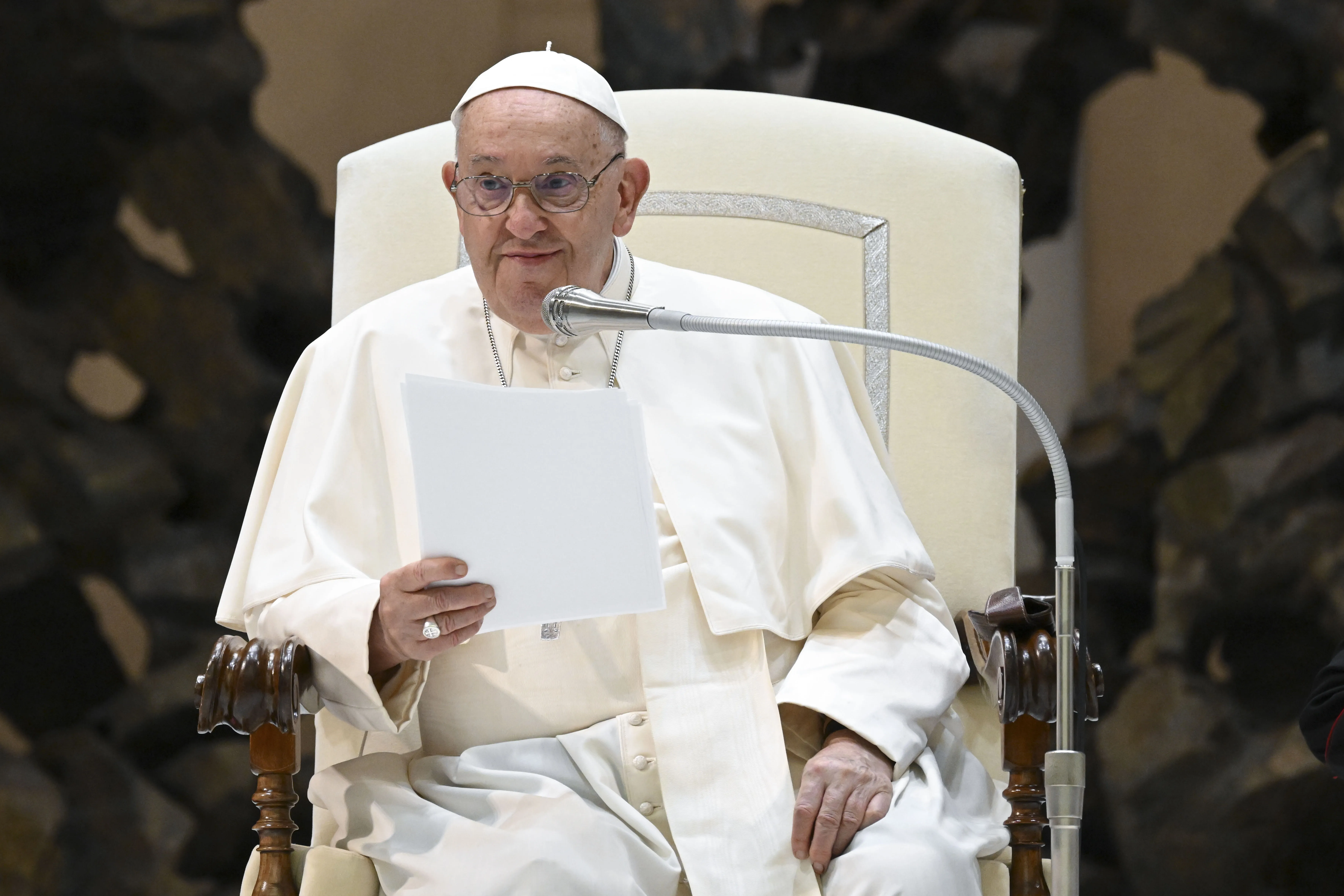 Pope Francis addresses pilgrims gathered in the Paul VI Audience Hall at the Vatican during his Wednesday general audience on Aug. 7, 2024.?w=200&h=150