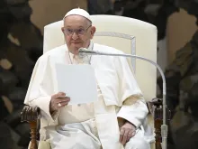 Pope Francis addresses pilgrims gathered in the Paul VI Audience Hall at the Vatican during his Wednesday general audience on Aug. 7, 2024.