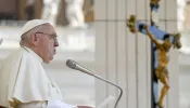 Pope Francis addresses pilgrims gathered in St. Peter’s Square for his general audience on Wednesday, Aug. 28, 2024.