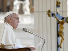 Pope Francis addresses pilgrims gathered in St. Peter’s Square for his general audience on Wednesday, Aug. 28, 2024.