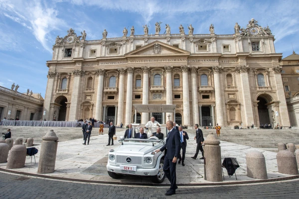 Pope Francis arrives in St. Peter’s Square for his general audience on Wednesday, Oct. 9, 2024. Credit: Daniel Ibañez/CNA