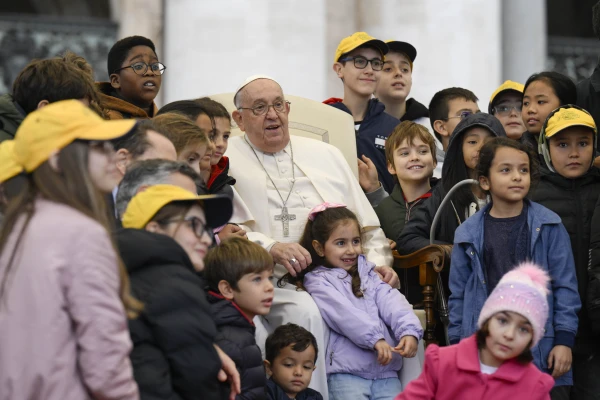 Pope Francis greets children during his Wednesday general audience on Nov. 20, 2024, in St. Peter’s Square at the Vatican. Credit: Vatican Media