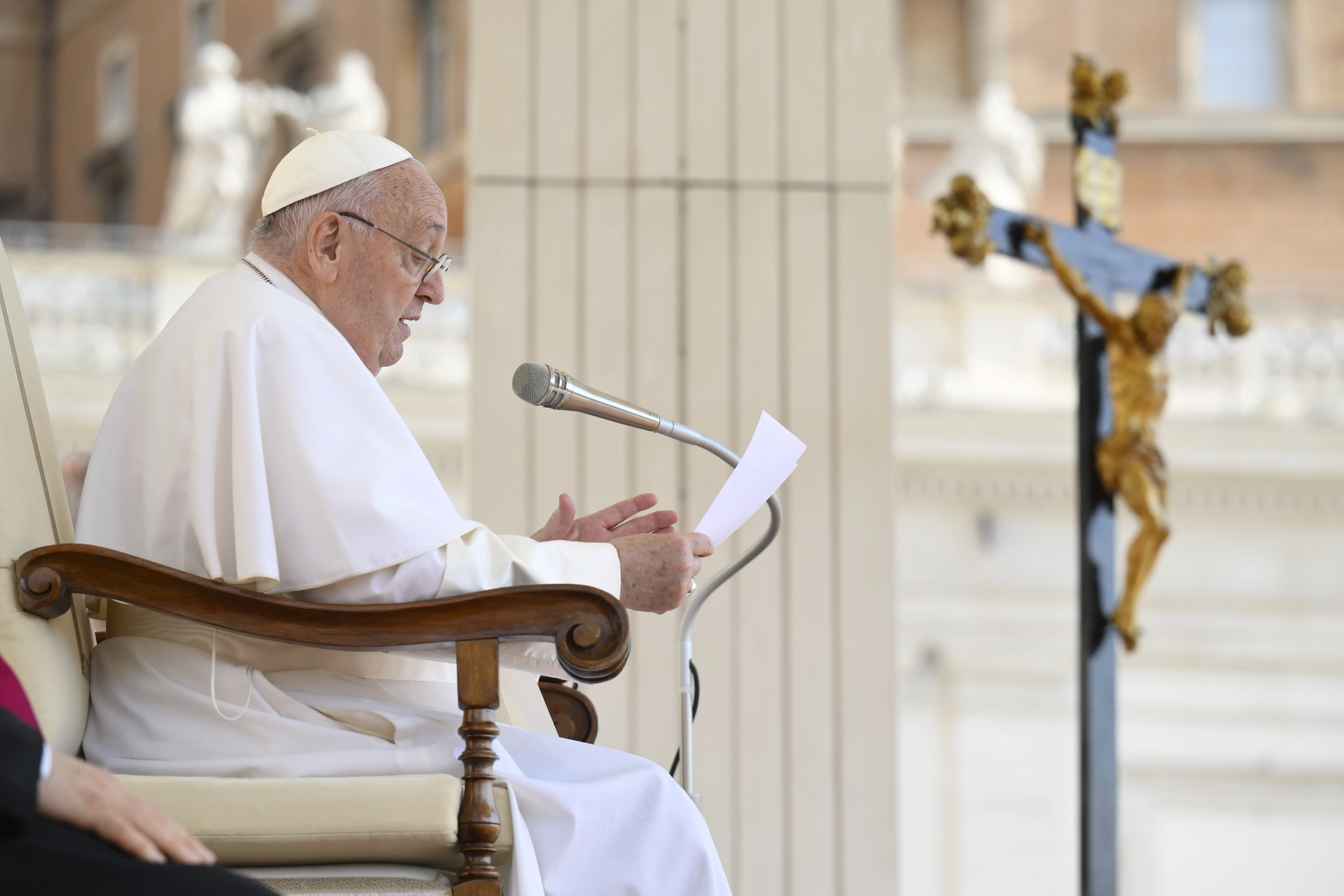 Pope Francis addresses the faithful gathered in St. Peter’s Square for his Wednesday general audience on May 15, 2024, at the Vatican.?w=200&h=150