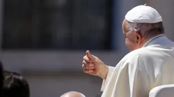 Pope Francis gives a thumbs up to those gathered at his general audience on Wednesday, June 5, 2024, in St. Peter’s Square at the Vatican.