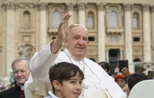 Pope Francis waves to pilgrims gathered in St. Peter’s Square during his general audience on Wednesday, June 19, 2024. Credit: Vatican Media