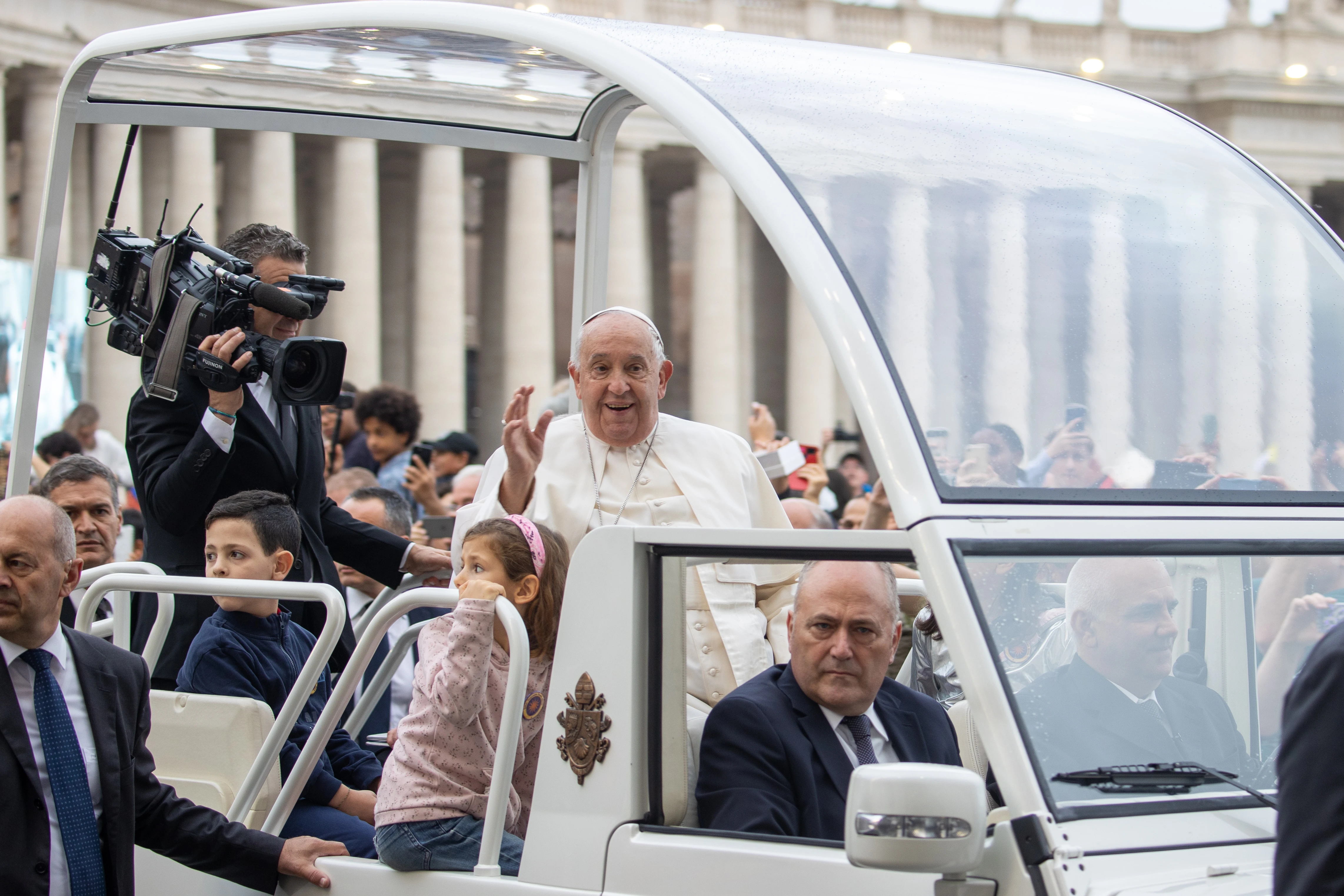 Pope Francis waves to the crowds gathered in St. Peter’ Square as he arrives for his general audience on Wednesday, Oct. 23, 2024, at the Vatican.?w=200&h=150