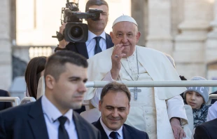 Pope Francis waves to pilgrims as he enters St. Peter’s Square at the Vatican for his Wednesday general audience on Oct. 30, 2024. Credit: Daniel Ibañez/CNA