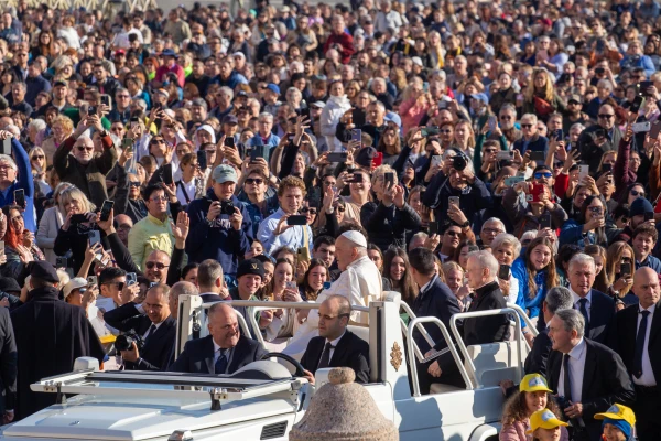 Pope Francis arrives to a crowded St. Peter’s Square for his Wednesday general audience on Nov. 6, 2024, at the Vatican. Credit: Julia Cassell/CNA