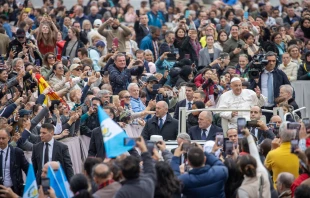 Pope Francis greets pilgrims gathered in St. Peter’s Square for his Wednesday general audience on Nov. 20, 2024, at the Vatican. Credit: Daniel Ibañez/CNA