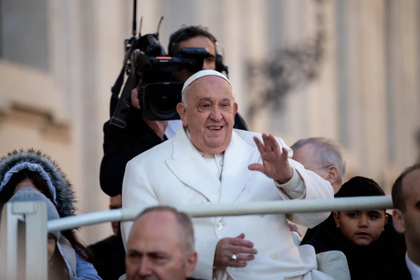 Pope Francis waves to pilgrims as he enters St. Peter’s Square for his general audience on Wednesday, Dec. 4, 2024. Credit: Julia Cassell/CNA