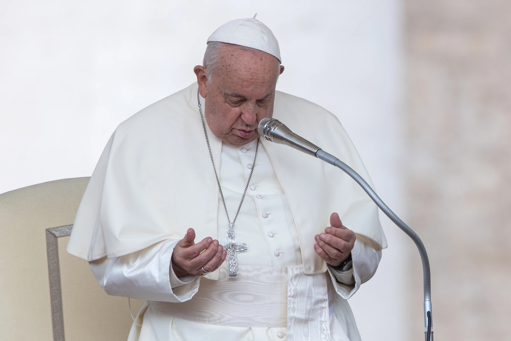 Pope Francis prays during his Wednesday general audience in St. Peter’s Square at the Vatican on Oct. 9, 2024.?w=200&h=150