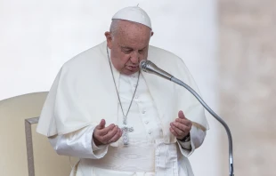 Pope Francis prays during his Wednesday general audience in St. Peter’s Square at the Vatican on Oct. 9, 2024. Credit: Daniel Ibañez/CNA