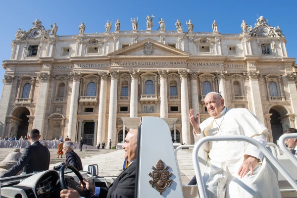 Pope Francis greets pilgrims as he enters St. Peter’s Square at the Vatican for his Wednesday general audience on Oct. 30, 2024. Credit: Daniel Ibañez/CNA