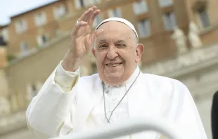 Pope Francis waves to pilgrims gathered in St. Peter’s Square for his Wednesday general audience on May 8, 2024. Credit: Vatican Media