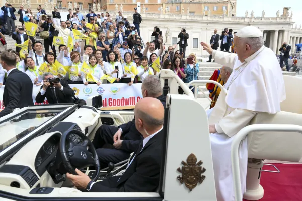 Pope Francis greets pilgrims gathered in St. Peter’s Square for his Wednesday general audience on May 15, 2024, at the Vatican. Credit: Vatican Media