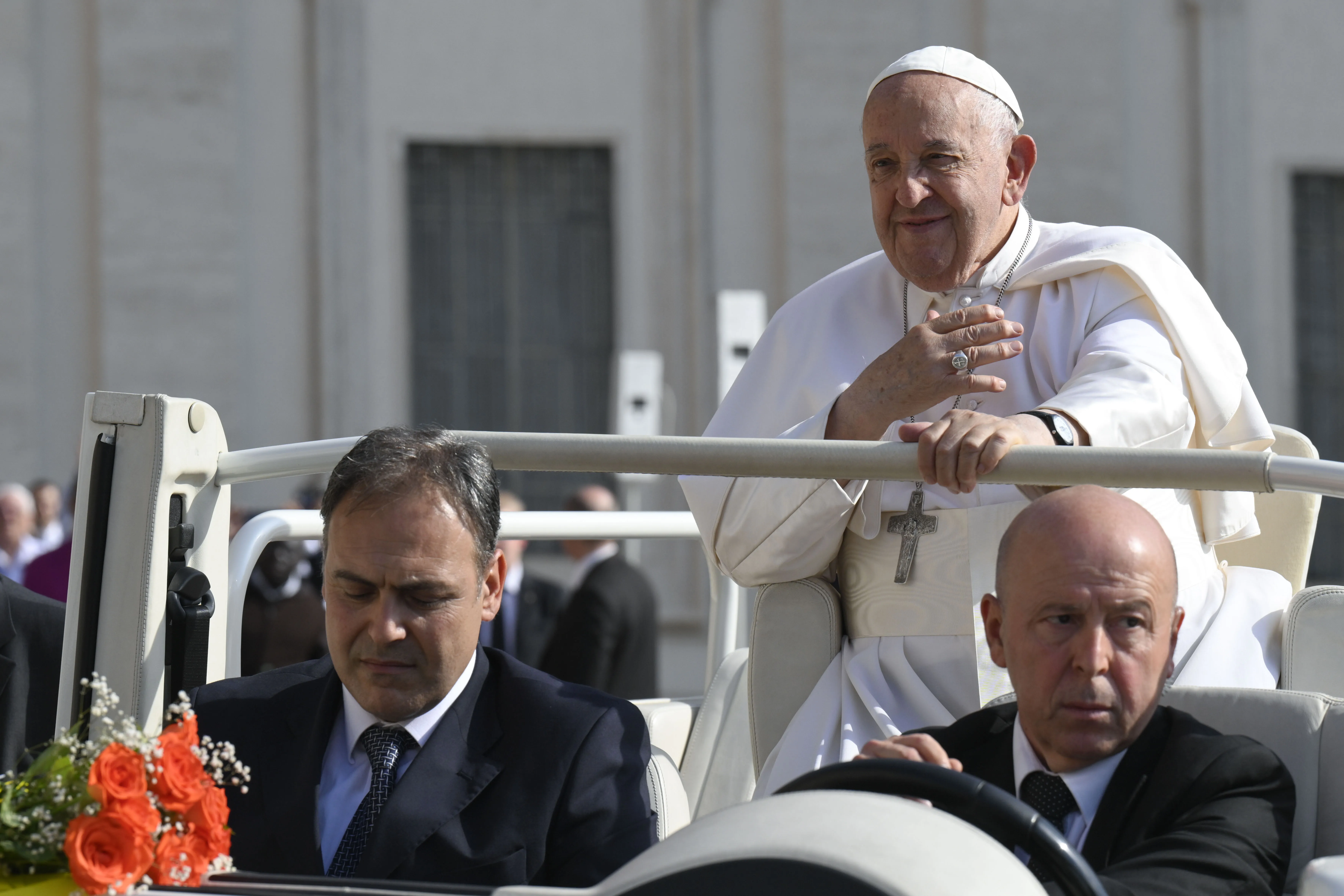 Pope Francis greets pilgrims as he arrives at his general audience on Wednesday, May 29,  2024, in St. Peter’s Square at the Vatican.?w=200&h=150