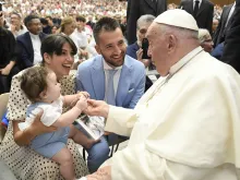 Pope Francis greets pilgrims at his Wednesday general audience on Aug. 7, 2024.