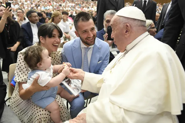 Pope Francis greets pilgrims at his Wednesday general audience on Aug. 7, 2024. Credit: Vatican Media