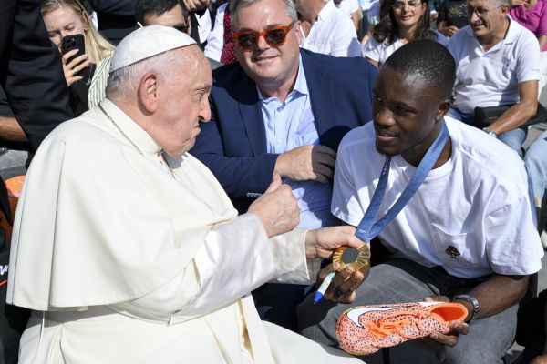 Pope Francis greets pilgrims gathered in St. Peter’s Square for his general audience on Wednesday, Aug. 28, 2024. Credit: Vatican Media