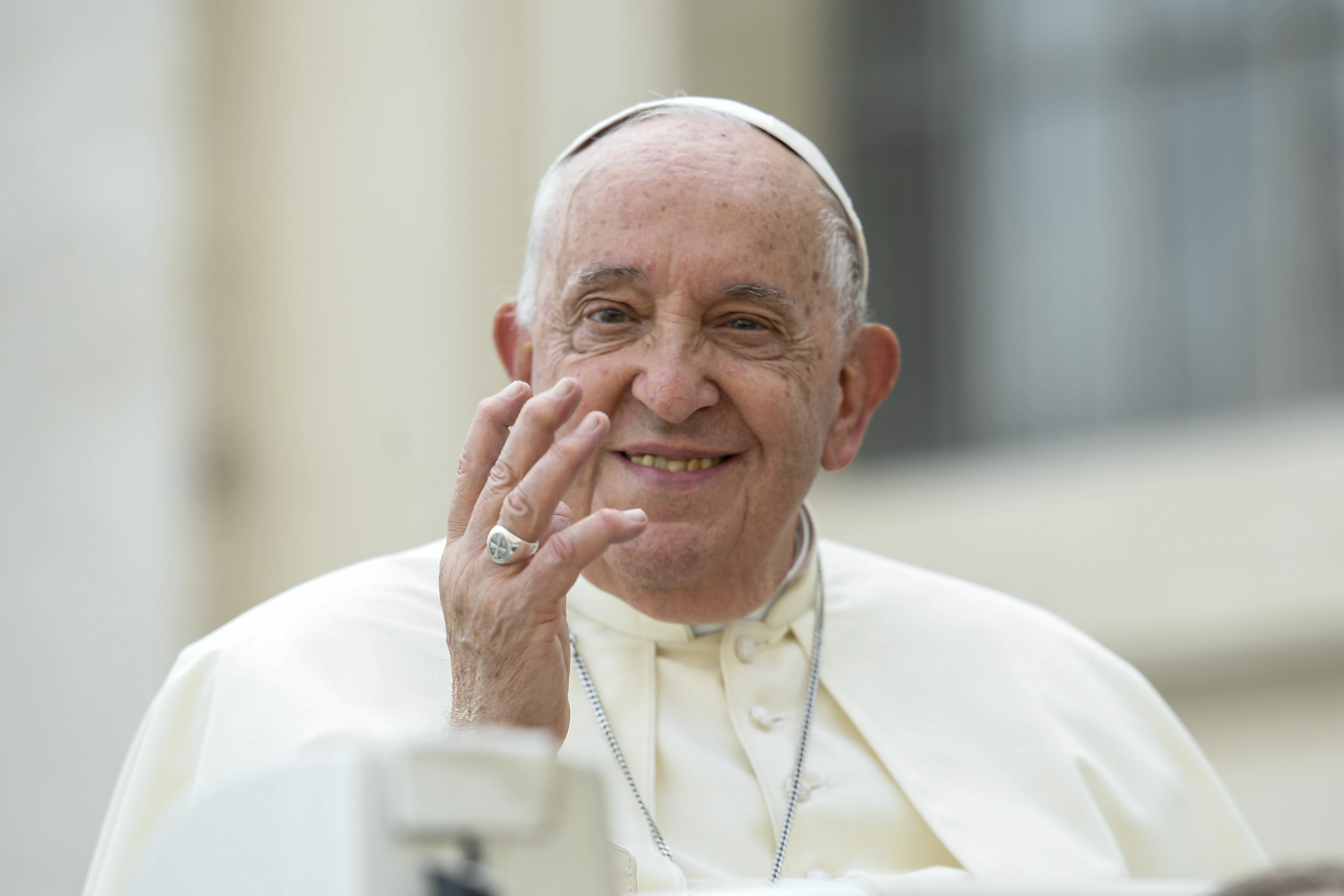 Pope Francis waves to pilgrims at his Wednesday general audience in St. Peter’s Square at the Vatican on Oct. 9, 2024.?w=200&h=150