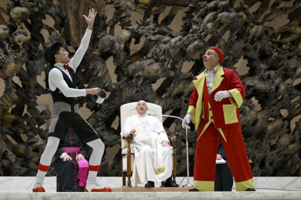 Pope Francis enjoys a circus performance in the Paul VI Audience Hall following his Wednesday general audience on Jan. 15, 2025, at the Vatican. Credit: Vatican Media