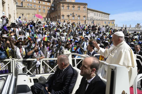 Pope Francis waves to the crowd gathered in St. Peter’s Square for his general audience on Wednesday, Aug. 28, 2024. Credit: Vatican Media