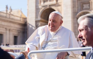 Pope Francis shakes hands with pilgrims gathered in St. Peter’s Square for his Wednesday general audience on Nov. 6, 2024, at the Vatican. Credit: Julia Cassell/CNA