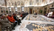 Pope Francis meets with the delegations of the Diocese of Aosta, Italy, and the Congregation of the Canons of Great Saint Bernard on Nov. 11, 2024, in the Apostolic Palace at the Vatican.