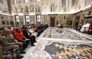 Pope Francis meets with the delegations of the Diocese of Aosta, Italy, and the Congregation of the Canons of Great Saint Bernard on Nov. 11, 2024, in the Apostolic Palace at the Vatican. Credit: Vatican Media