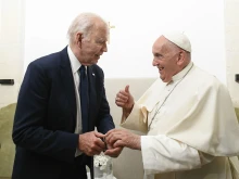 Pope Francis meets with U.S. President Joe Biden on Friday, June 14, 2024, after a session at the G7 summit, which is being held June 13–15 in the southern Italian region of Puglia.