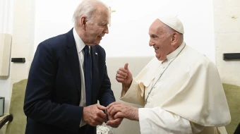 Pope Francis meets with U.S. President Joe Biden on Friday, June 14, 2024, after a session at the G7 summit, which is being held June 13–15 in the southern Italian region of Puglia.