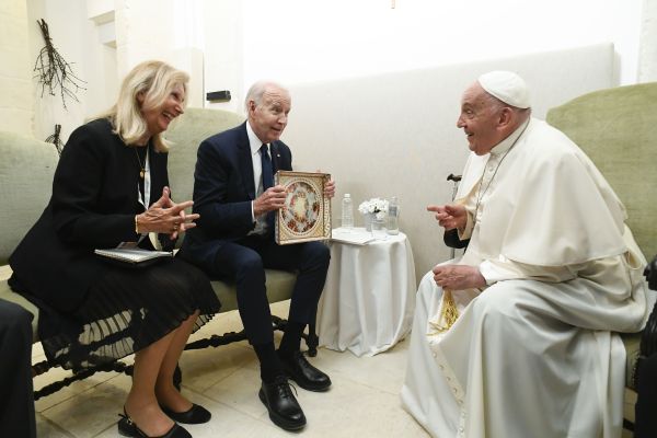 Pope Francis meets with U.S. President Joe Biden on Friday, June 14, 2024, after a session at the G7 summit, which is being held June 13–15 in the southern Italian region of Puglia. Credit: Vatican Media
